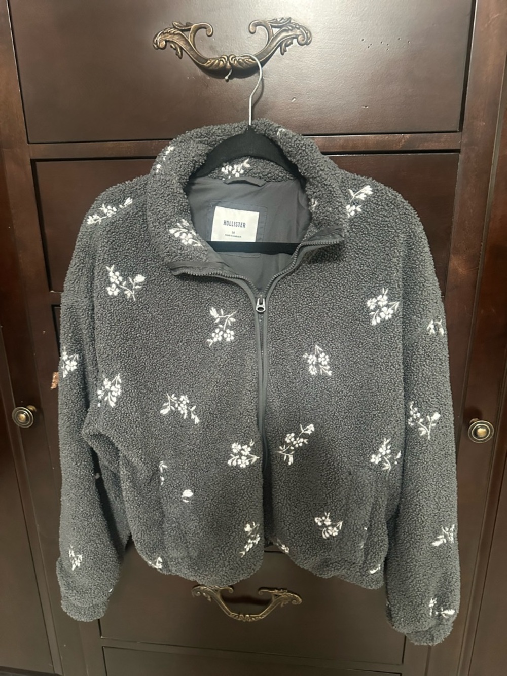 Hollister Dark Gray Sherpa Zip Jacket with White Accent